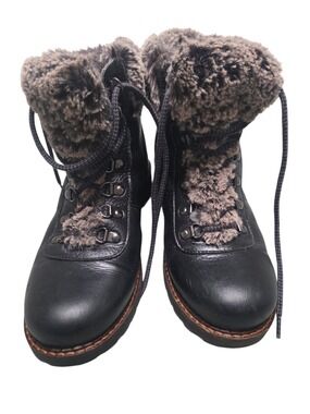 Black Leather Winter Boots with Faux Fur Trim All Weather Hiking Snow Outdoor 40